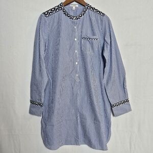 J. Crew Striped Long Sleeve Embroidered Shirtdress Size Large 100% Cotton